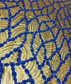 Gold navy blue multi coloured sequin material lace fabric by yard sold